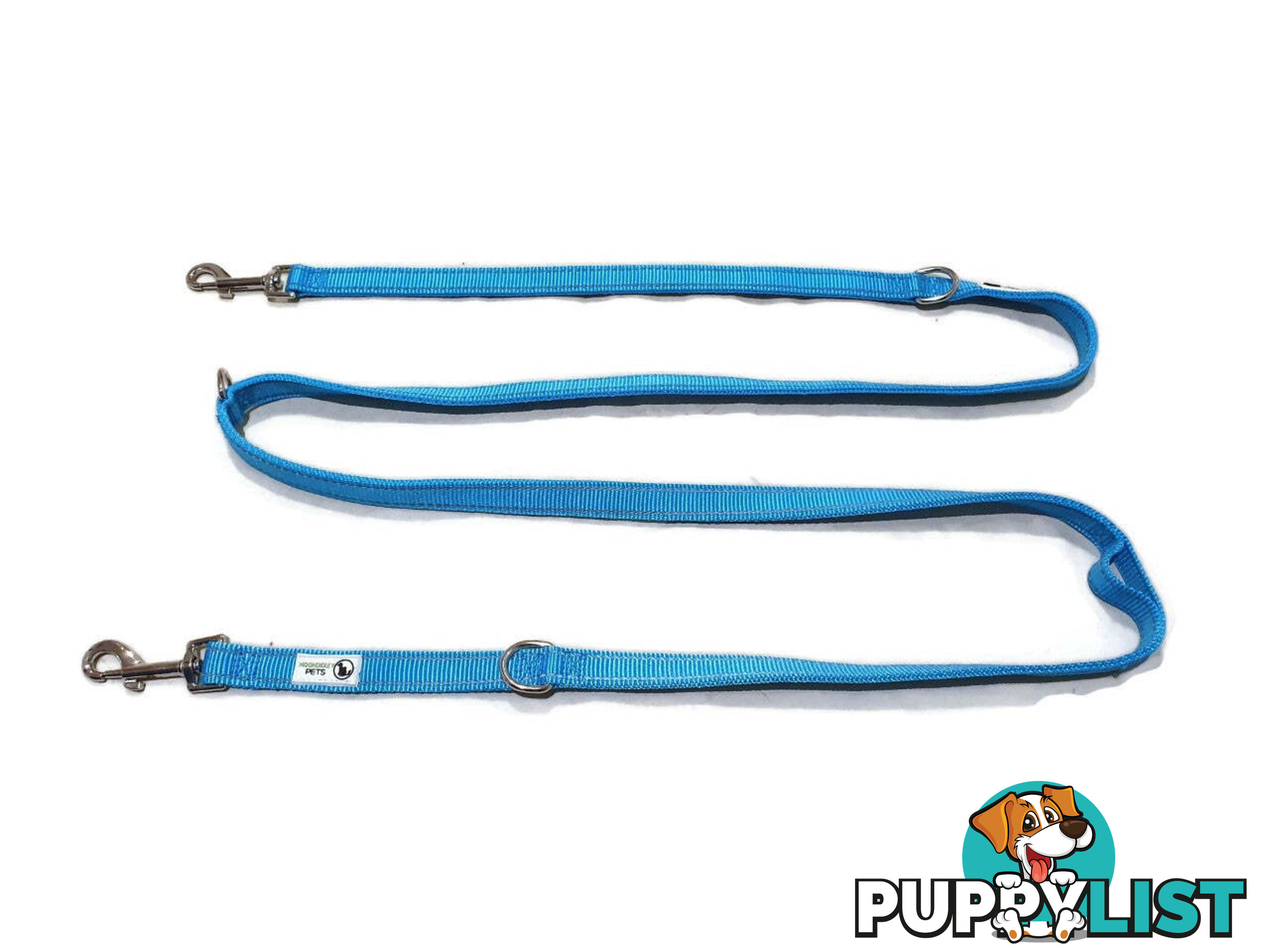 Multi Dog Lead - Nylon w/Reflective Stitching - Double Clip ,Coupler, Waist Belt, Short/Long, Quicktie Moondidley Pets - MDPLDMUL20LBLU