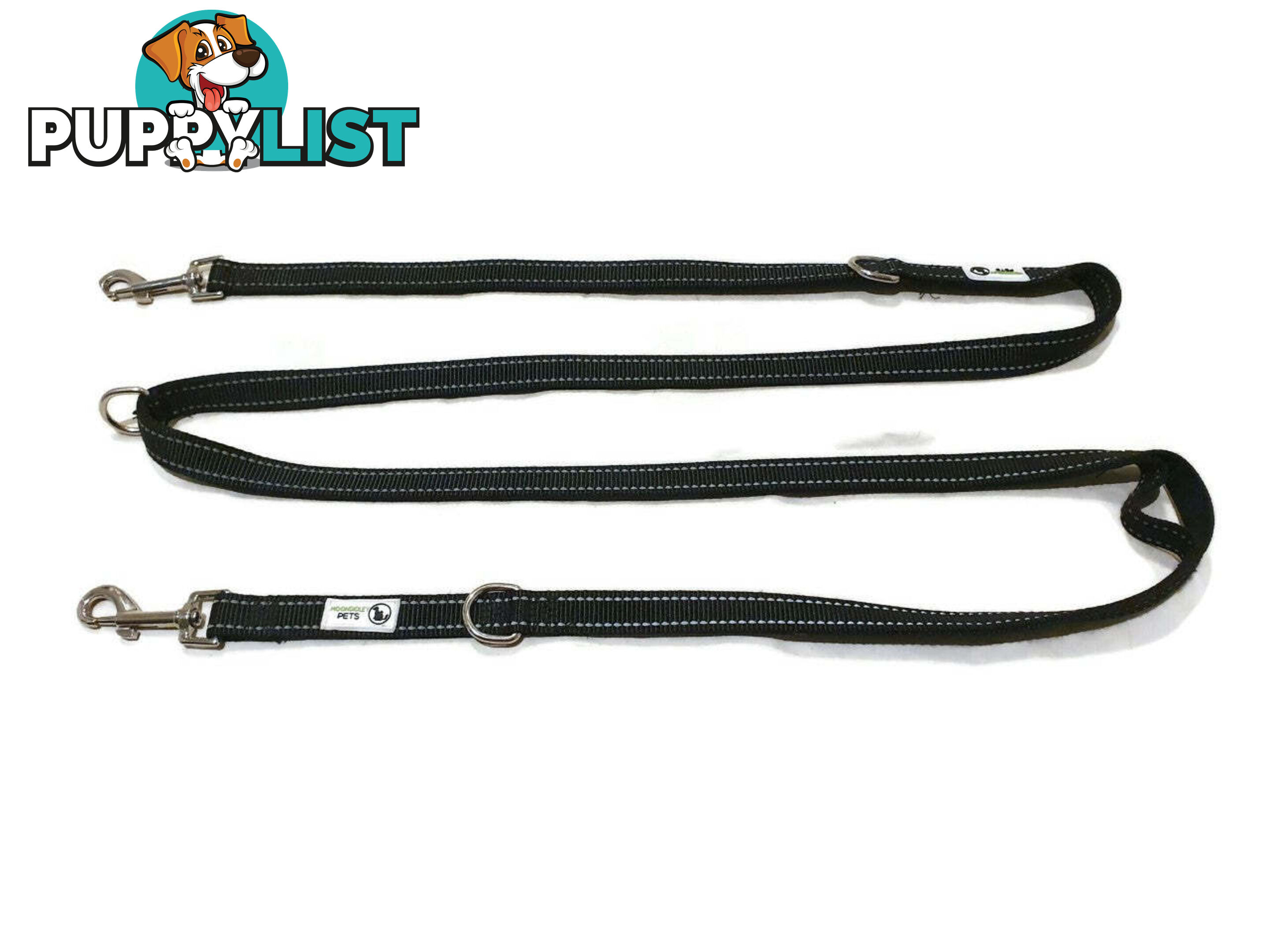 Multi Dog Lead - Nylon w/Reflective Stitching - Double Clip ,Coupler, Waist Belt, Short/Long, Quicktie Moondidley Pets - MDPLDMUL20LBLU
