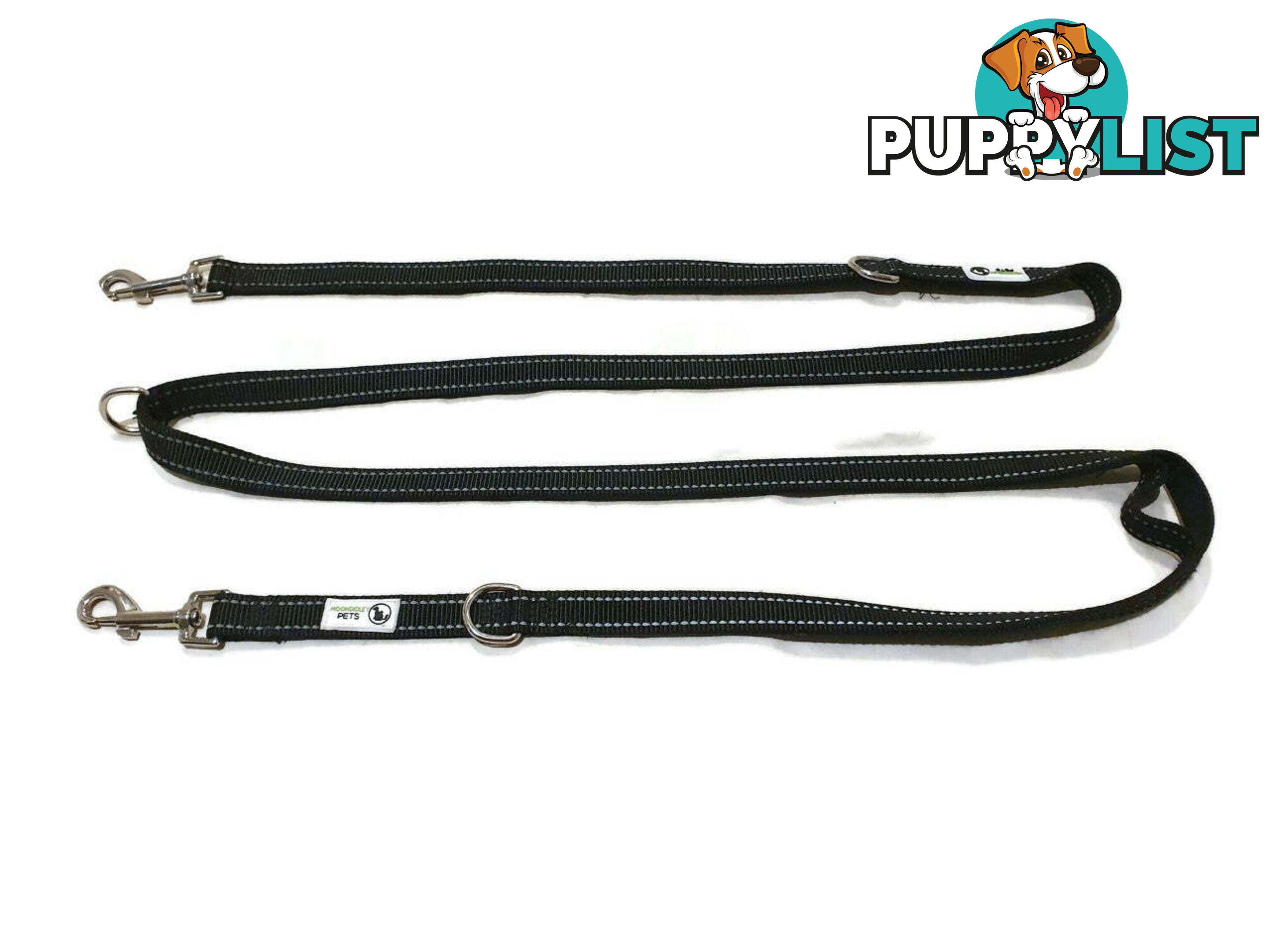 Multi Dog Lead - Nylon w/Reflective Stitching - Double Clip ,Coupler, Waist Belt, Short/Long, Quicktie Moondidley Pets - MDPLDMUL20PUR