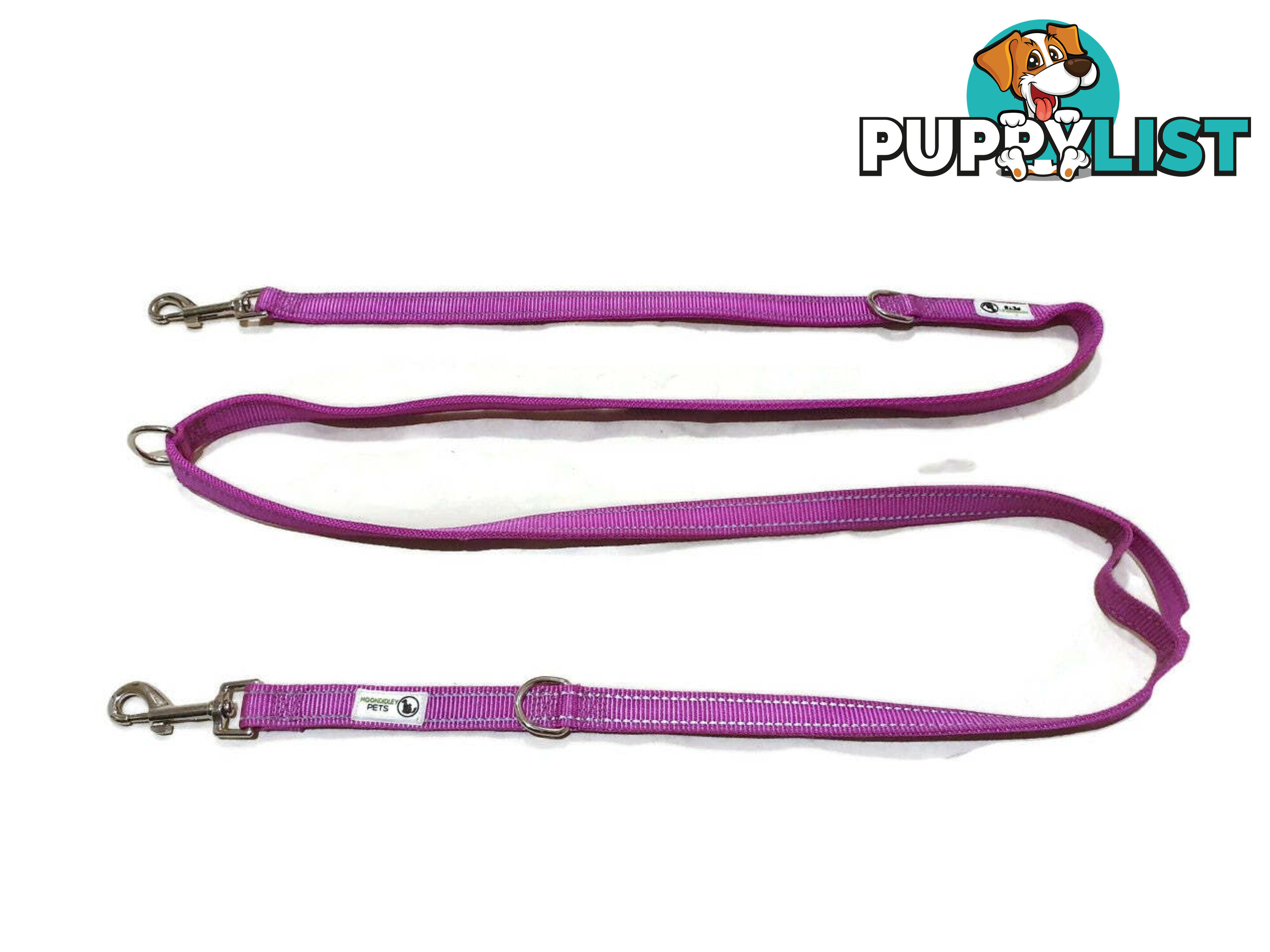 Multi Dog Lead - Nylon w/Reflective Stitching - Double Clip ,Coupler, Waist Belt, Short/Long, Quicktie Moondidley Pets - MDPLDMUL20PUR