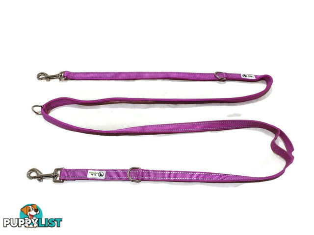 Multi Dog Lead - Nylon w/Reflective Stitching - Double Clip ,Coupler, Waist Belt, Short/Long, Quicktie Moondidley Pets - MDPLDMUL20PUR
