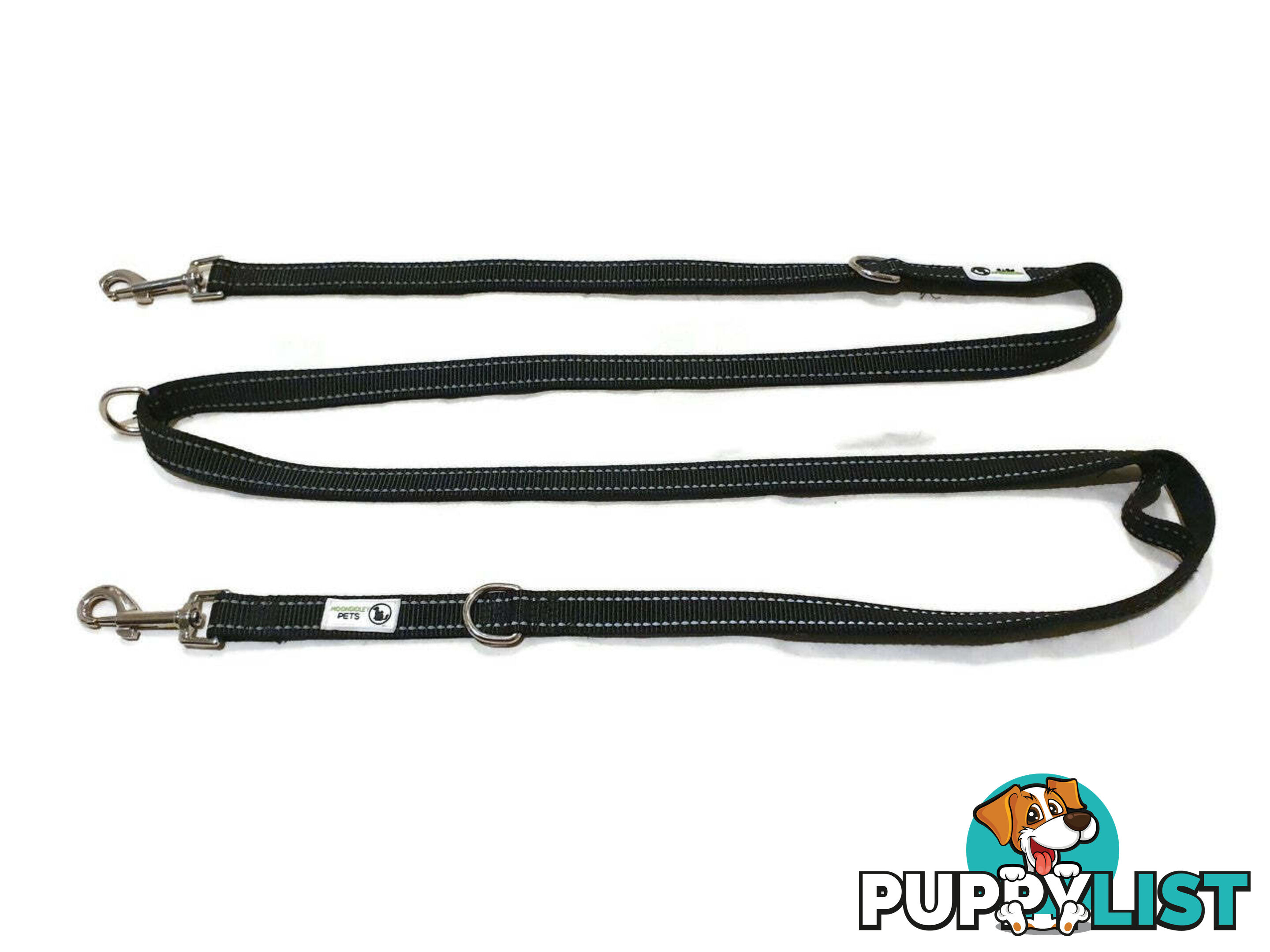 Multi Dog Lead - Nylon w/Reflective Stitching - Double Clip ,Coupler, Waist Belt, Short/Long, Quicktie Moondidley Pets - MDPLDMUL20GRN