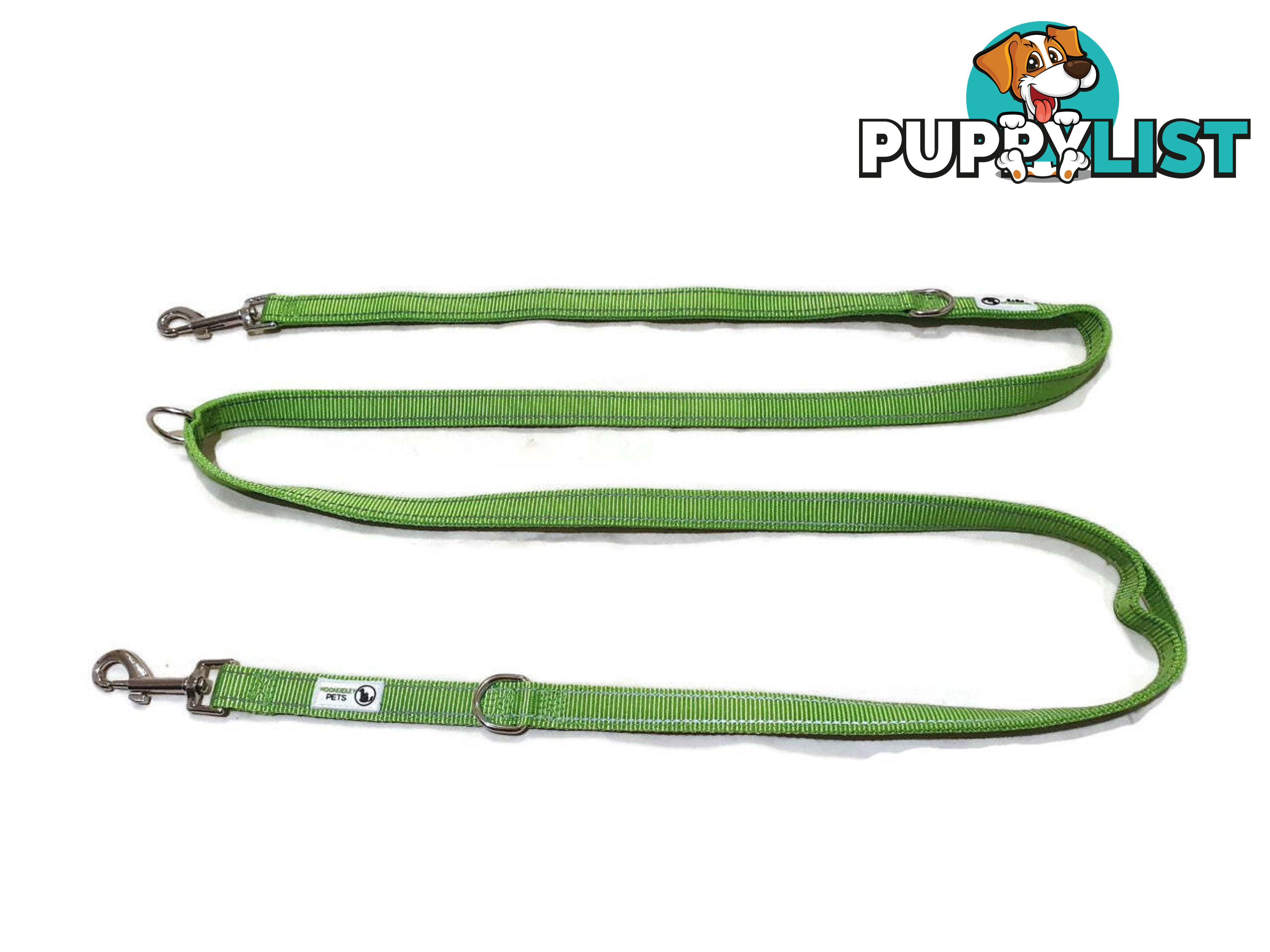 Multi Dog Lead - Nylon w/Reflective Stitching - Double Clip ,Coupler, Waist Belt, Short/Long, Quicktie Moondidley Pets - MDPLDMUL20GRN
