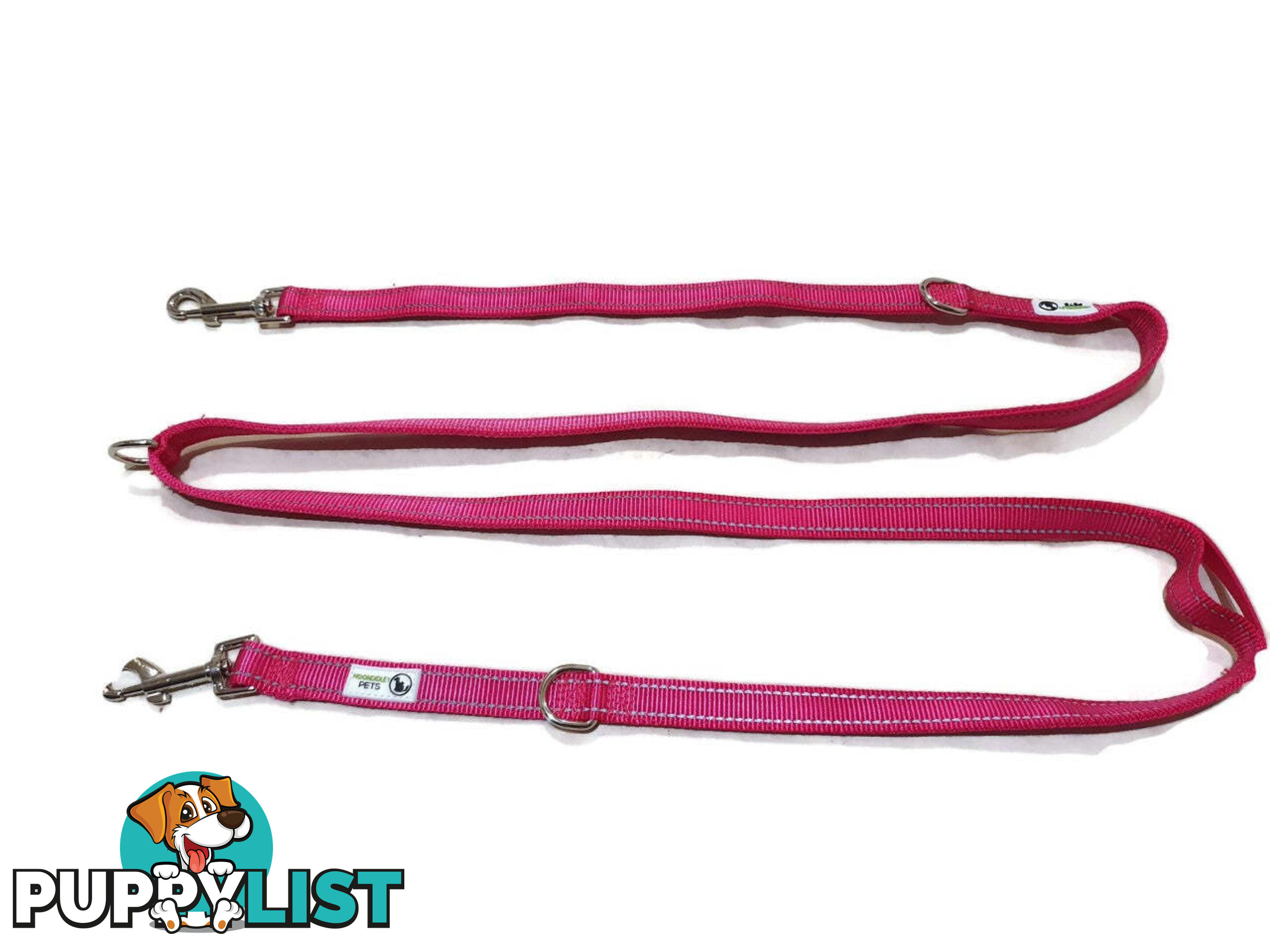 Multi Dog Lead - Nylon w/Reflective Stitching - Double Clip ,Coupler, Waist Belt, Short/Long, Quicktie Moondidley Pets - MDPLDMUL20GRN
