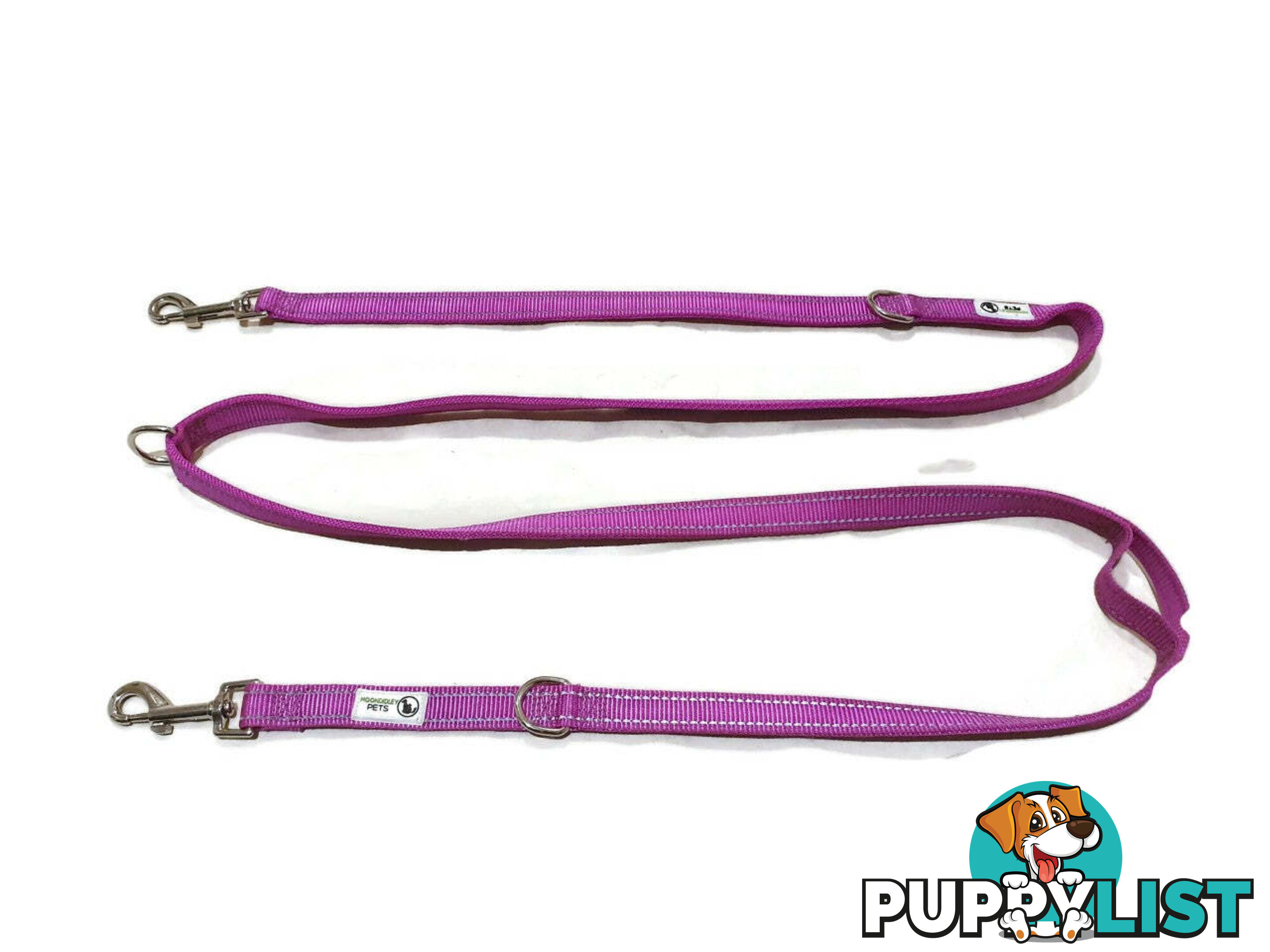Multi Dog Lead - Nylon w/Reflective Stitching - Double Clip ,Coupler, Waist Belt, Short/Long, Quicktie Moondidley Pets - MDPLDMUL20GRN