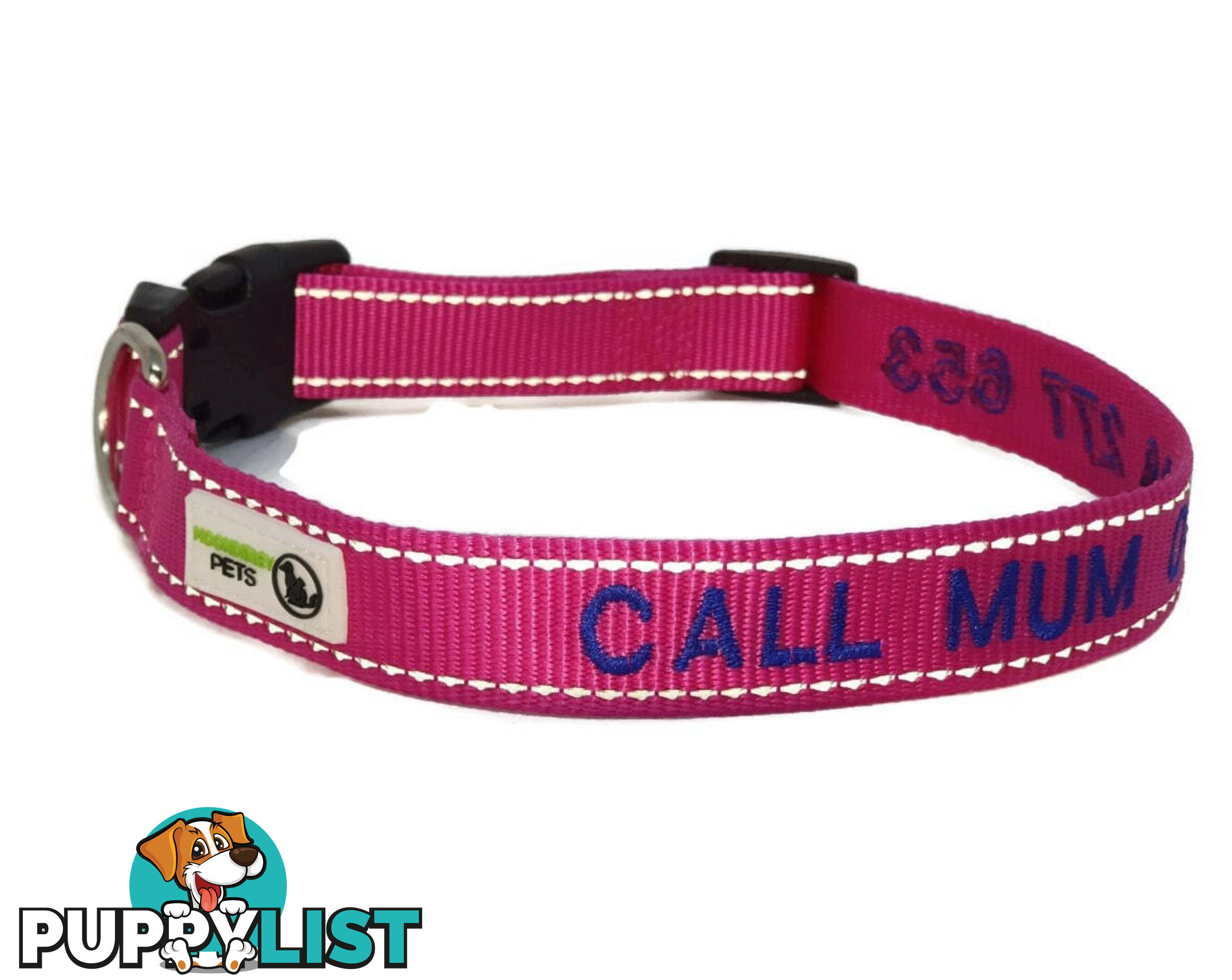 Doggie ID Collar Nylon w/Reflective Stitching Embroidered Personalised Custom. - GC-DIC-031-S-PNK