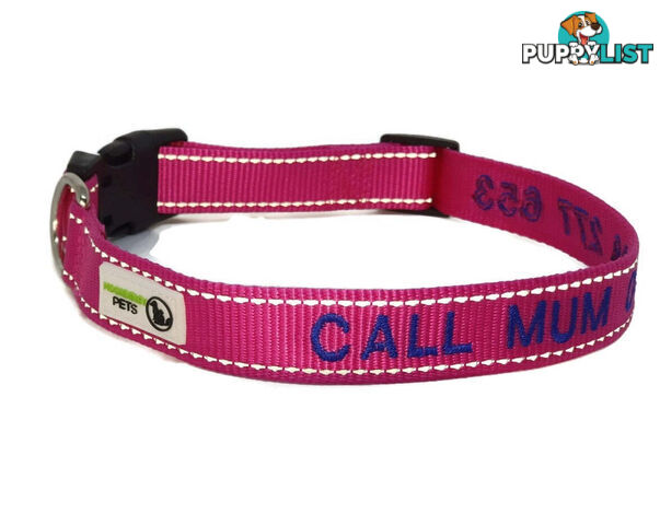 Doggie ID Collar Nylon w/Reflective Stitching Embroidered Personalised Custom. - GC-DIC-031-S-PNK