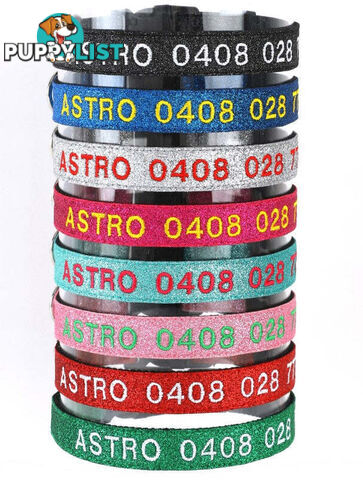 Doggie ID Collar - Bling Glitter Overlay Nylon Collar, Embroidered Personised Custom. - GC-DIC-BLING-M-HPNK
