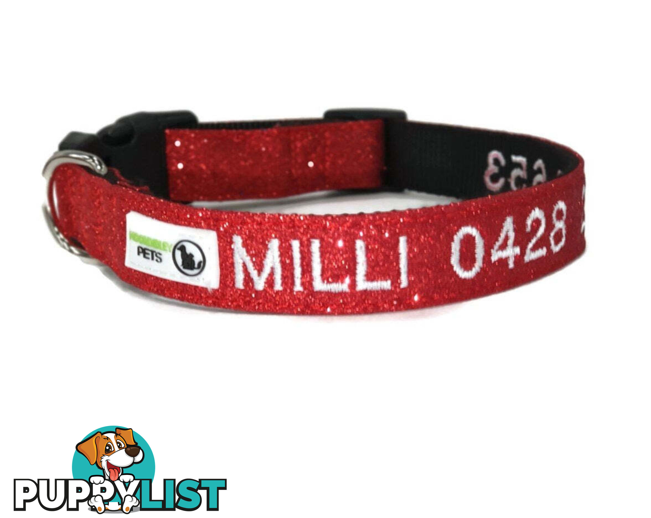 Doggie ID Collar - Bling Glitter Overlay Nylon Collar, Embroidered Personised Custom. - GC-DIC-BLING-M-HPNK