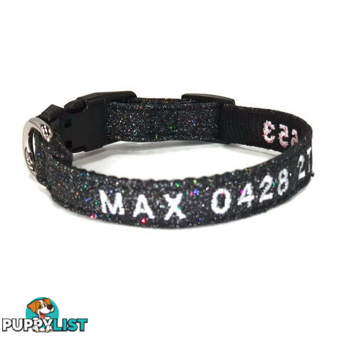 Doggie ID Collar - Bling Glitter Overlay Nylon Collar, Embroidered Personised Custom. - GC-DIC-BLING-M-HPNK