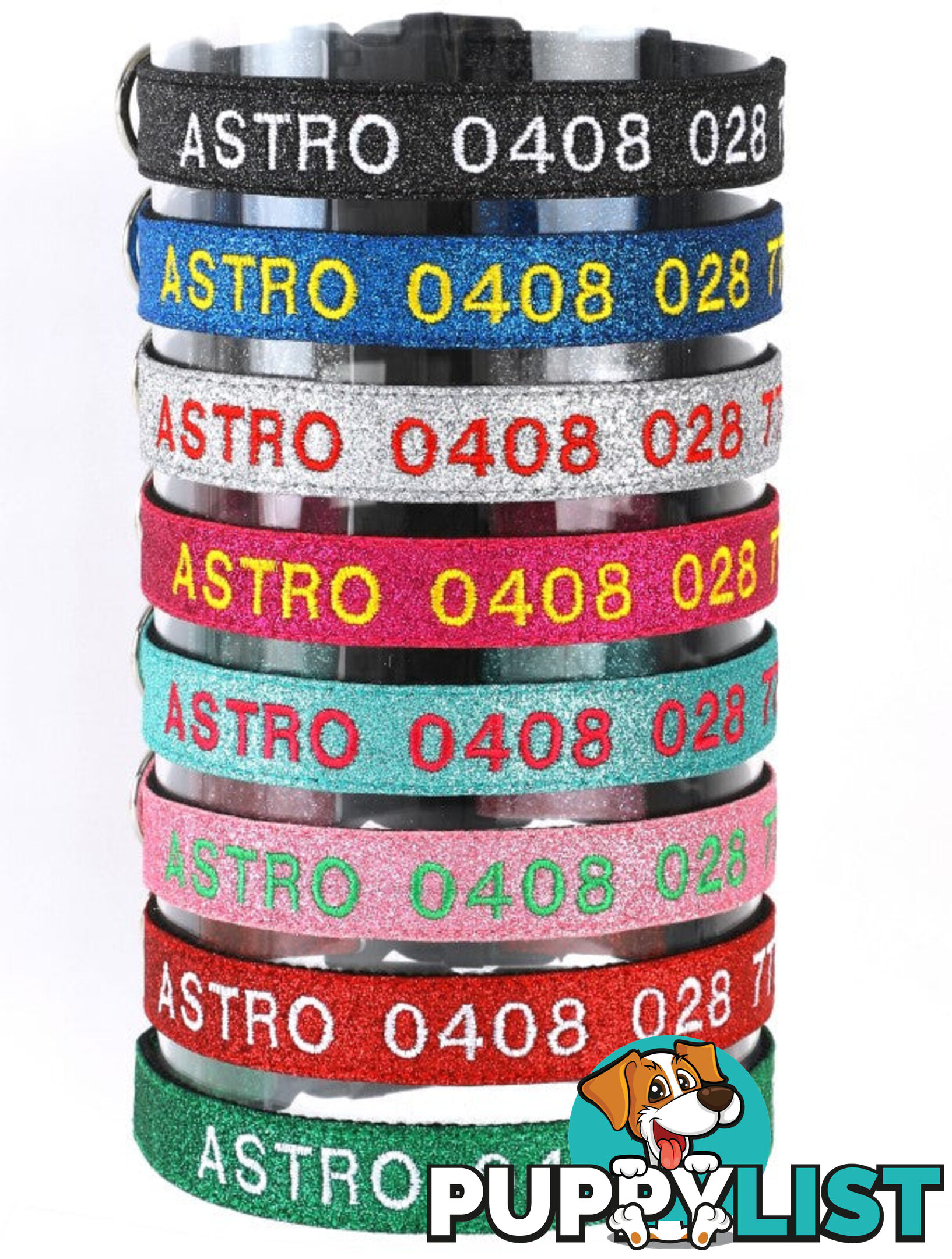Doggie ID Collar - Bling Glitter Overlay Nylon Collar, Embroidered Personised Custom. - GC-DIC-BLING-M-HPNK