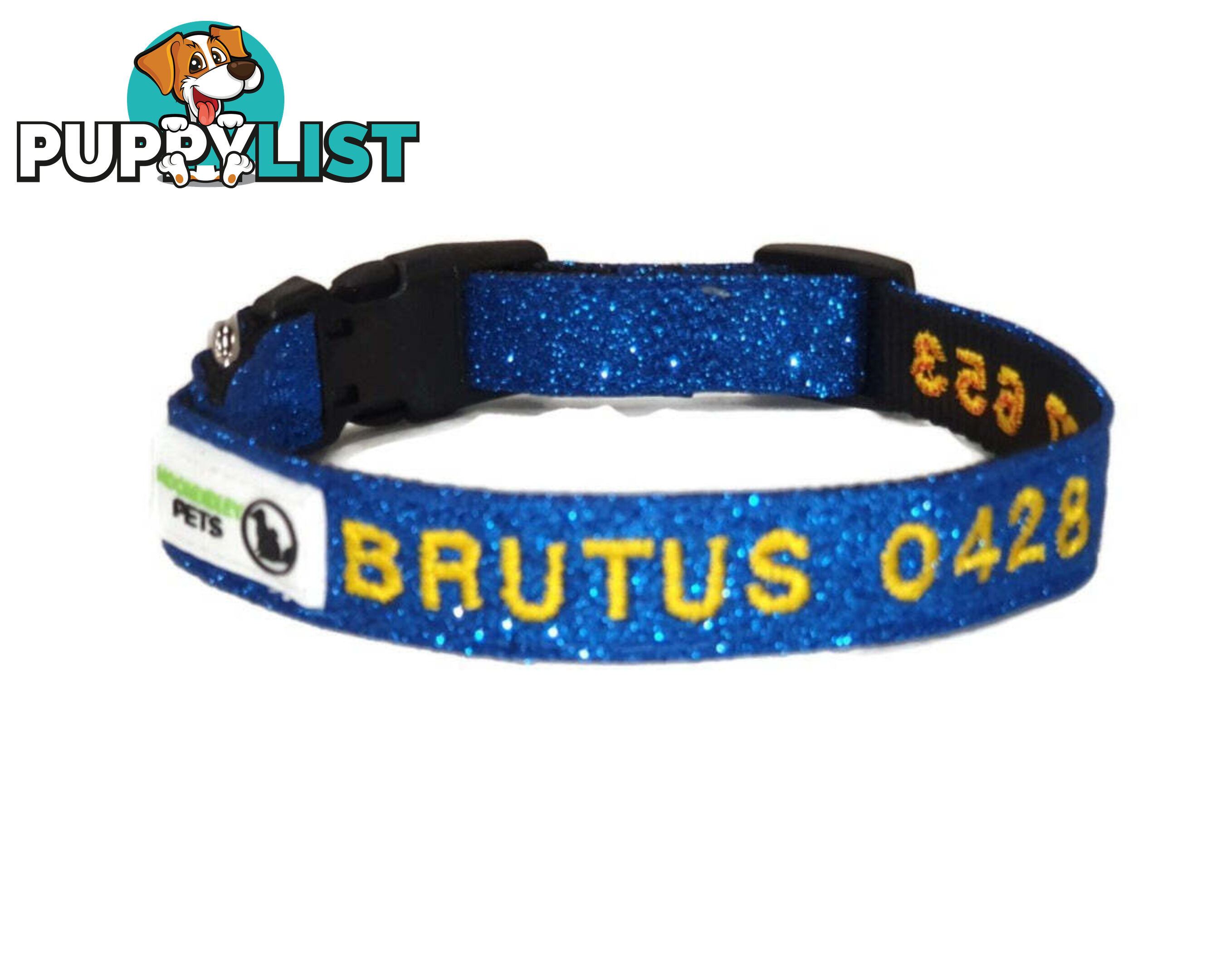 Doggie ID Collar - Bling Glitter Overlay Nylon Collar, Embroidered Personised Custom. - GC-DIC-BLING-M-HPNK