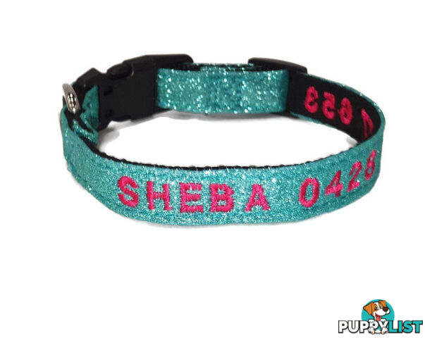 Doggie ID Collar - Bling Glitter Overlay Nylon Collar, Embroidered Personised Custom. - GC-DIC-BLING-M-HPNK