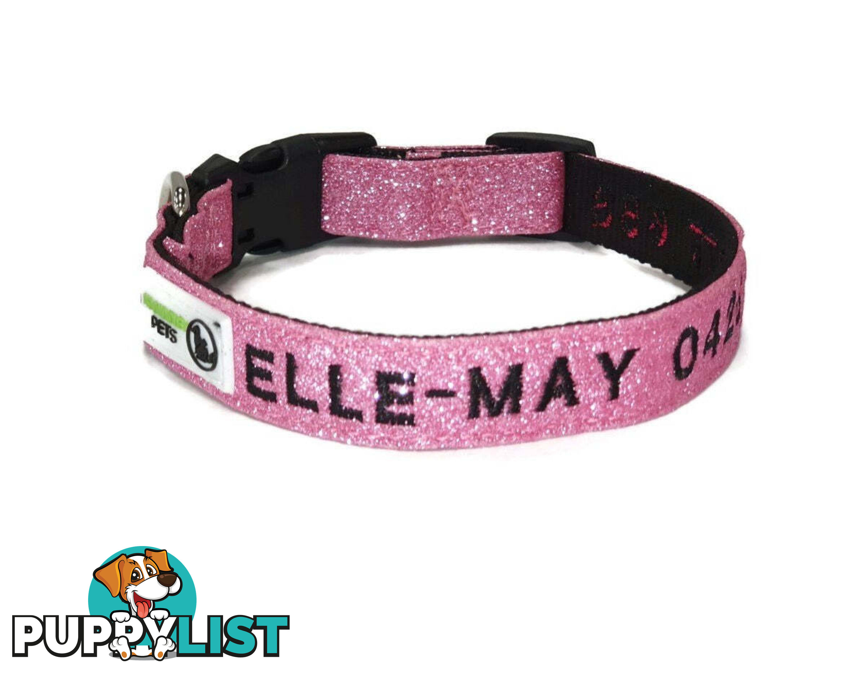Doggie ID Collar - Bling Glitter Overlay Nylon Collar, Embroidered Personised Custom. - GC-DIC-BLING-M-HPNK