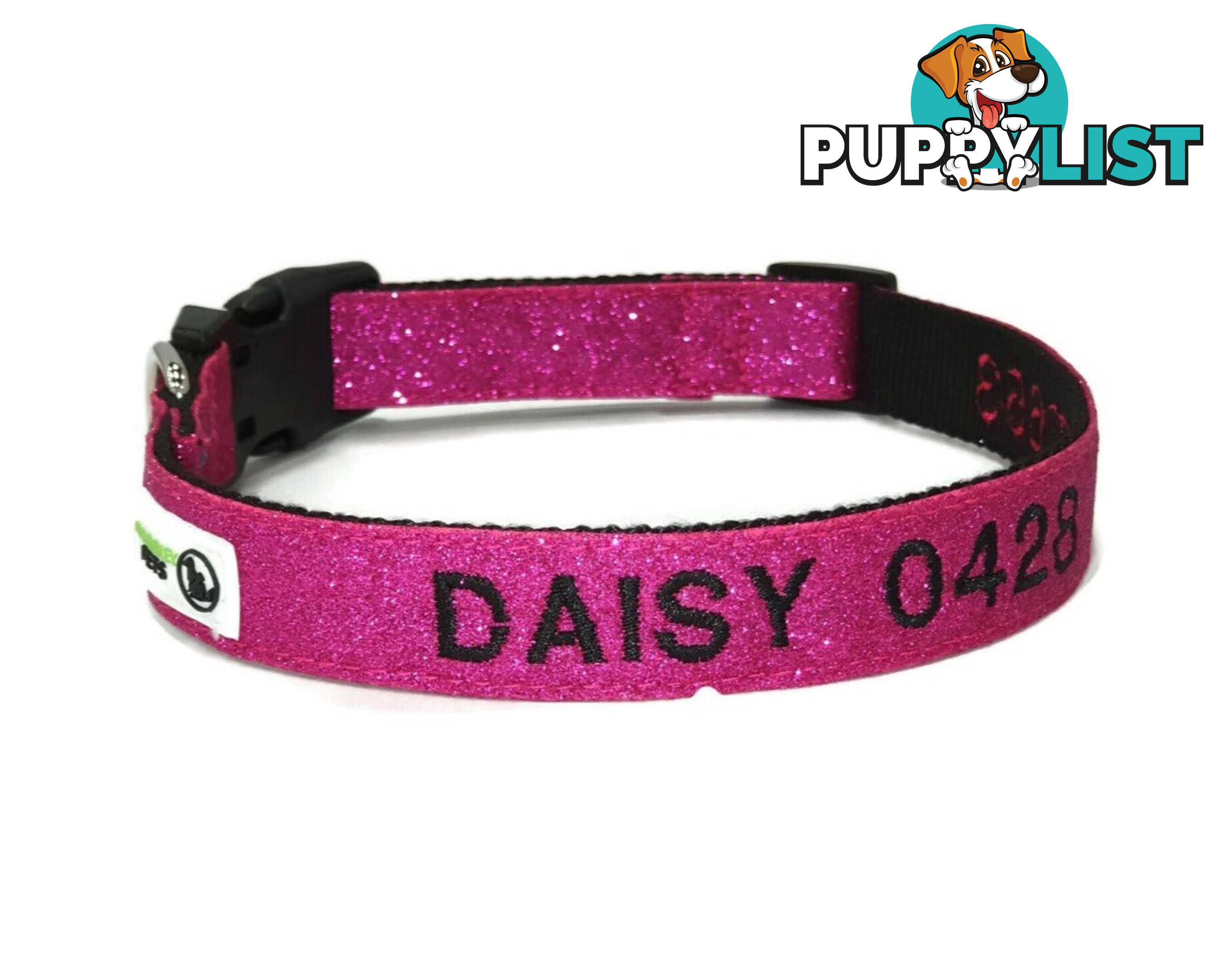 Doggie ID Collar - Bling Glitter Overlay Nylon Collar, Embroidered Personised Custom. - GC-DIC-BLING-L-HPNK