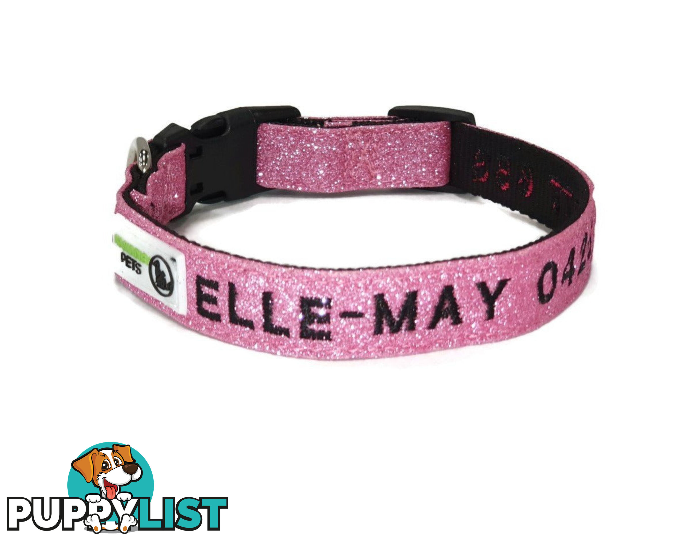Doggie ID Collar - Bling Glitter Overlay Nylon Collar, Embroidered Personised Custom. - GC-DIC-BLING-L-HPNK