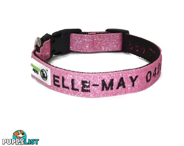 Doggie ID Collar - Bling Glitter Overlay Nylon Collar, Embroidered Personised Custom. - GC-DIC-BLING-L-HPNK