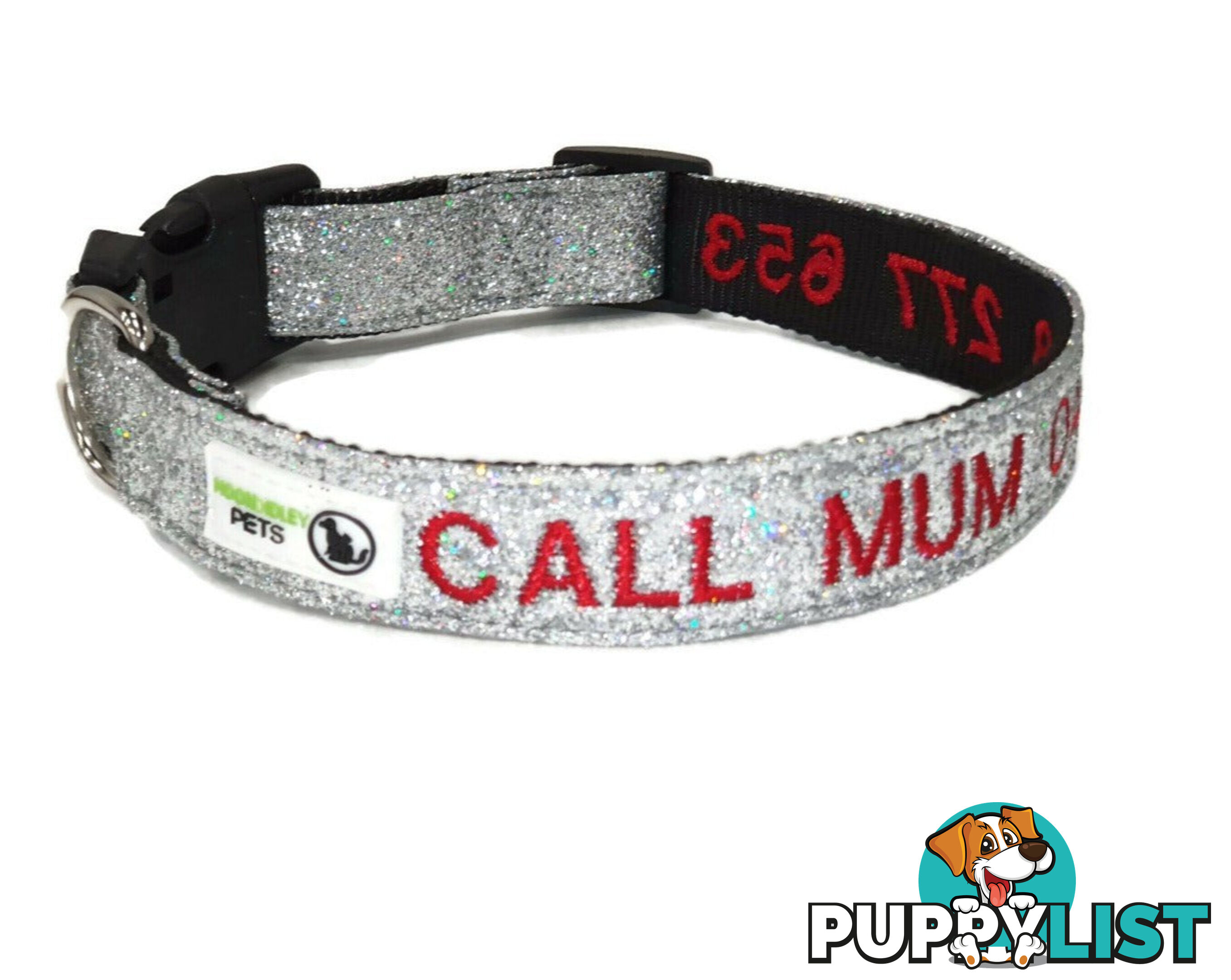 Doggie ID Collar - Bling Glitter Overlay Nylon Collar, Embroidered Personised Custom. - GC-DIC-BLING-L-HPNK