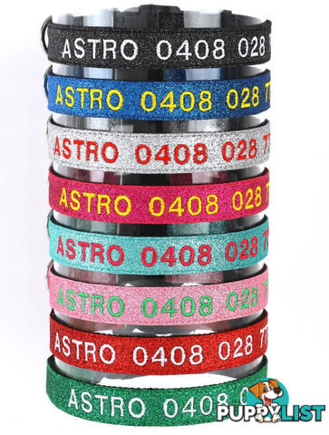 Doggie ID Collar - Bling Glitter Overlay Nylon Collar, Embroidered Personised Custom. - GC-DIC-BLING-L-HPNK