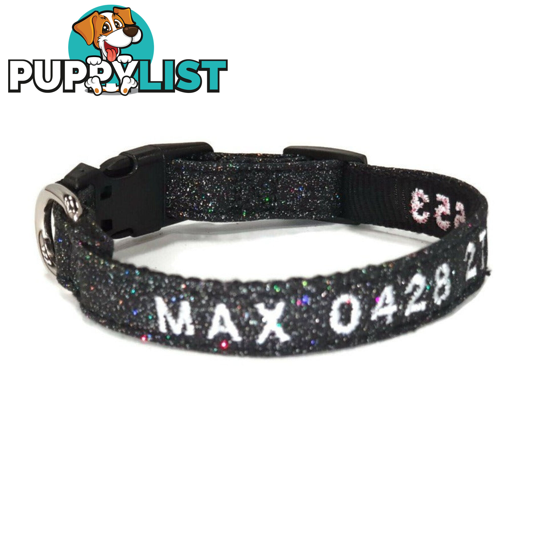 Doggie ID Collar - Bling Glitter Overlay Nylon Collar, Embroidered Personised Custom. - GC-DIC-BLING-L-HPNK