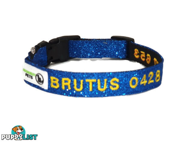 Doggie ID Collar - Bling Glitter Overlay Nylon Collar, Embroidered Personised Custom. - GC-DIC-BLING-L-HPNK