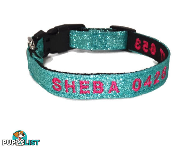 Doggie ID Collar - Bling Glitter Overlay Nylon Collar, Embroidered Personised Custom. - GC-DIC-BLING-L-HPNK