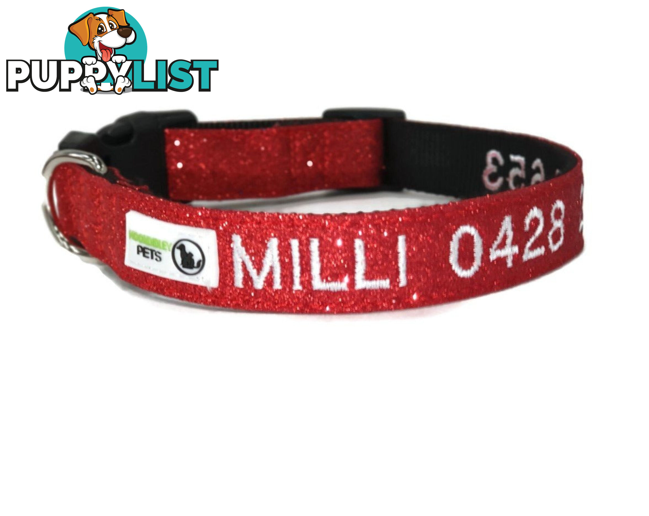 Doggie ID Collar - Bling Glitter Overlay Nylon Collar, Embroidered Personised Custom. - GC-DIC-BLING-L-HPNK