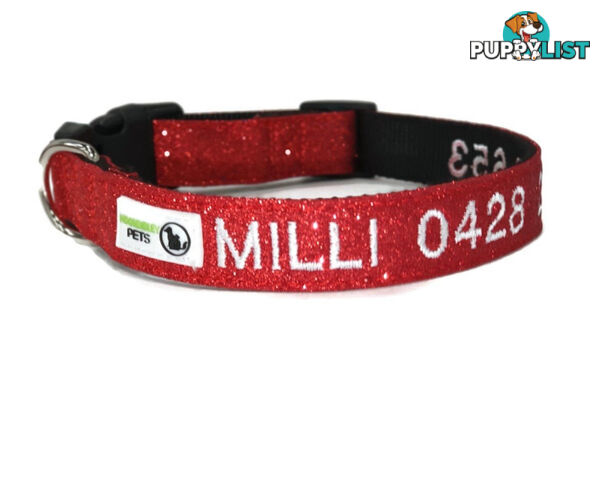 Doggie ID Collar - Bling Glitter Overlay Nylon Collar, Embroidered Personised Custom. - GC-DIC-BLING-L-HPNK