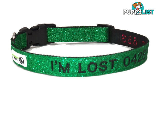 Doggie ID Collar - Bling Glitter Overlay Nylon Collar, Embroidered Personised Custom. - GC-DIC-BLING-L-HPNK