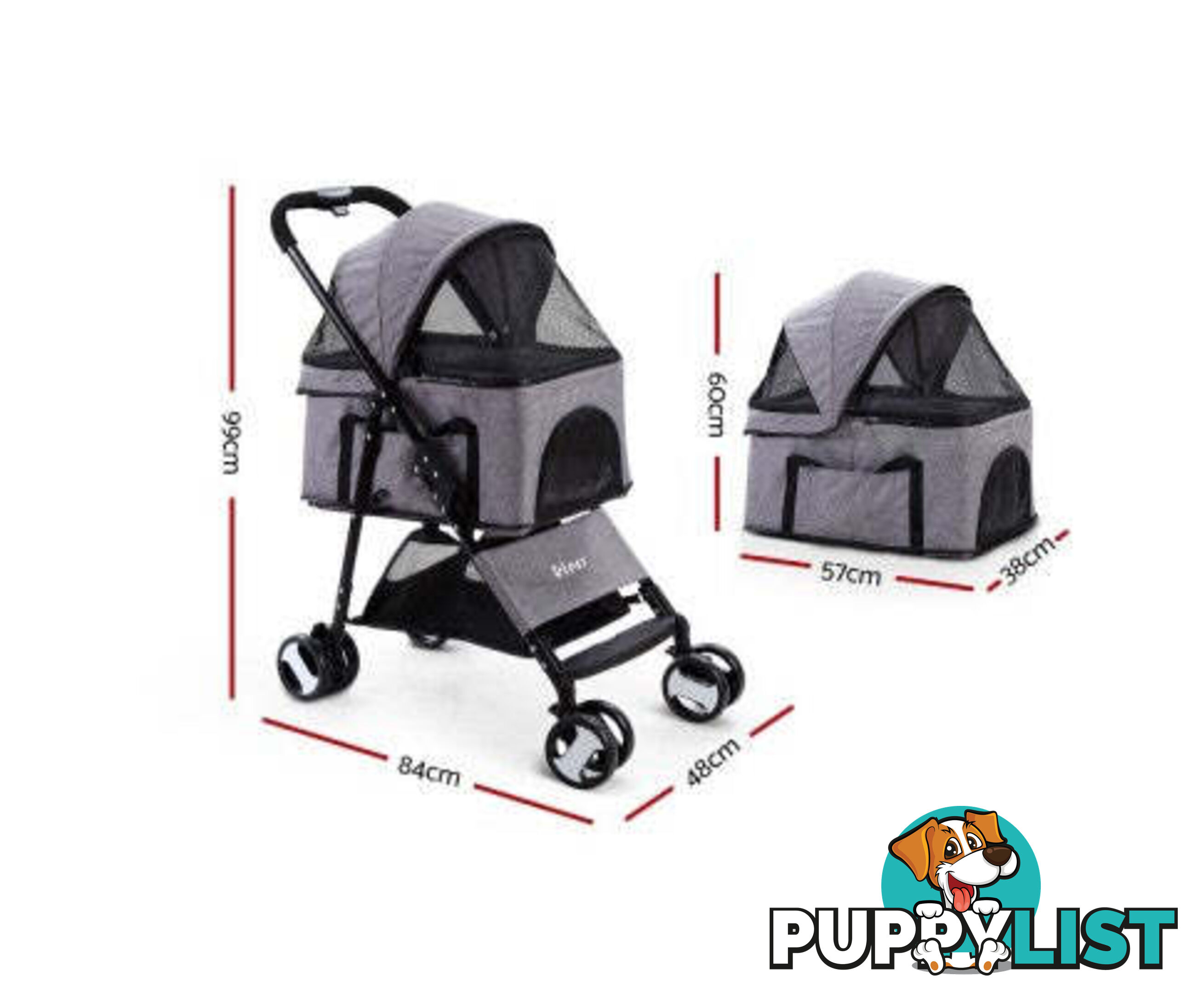 i.Pet Pet Stroller Dog Carrier Foldable Pram 3 IN 1 Middle Size - PET-STROLLER-4WL-M-BK