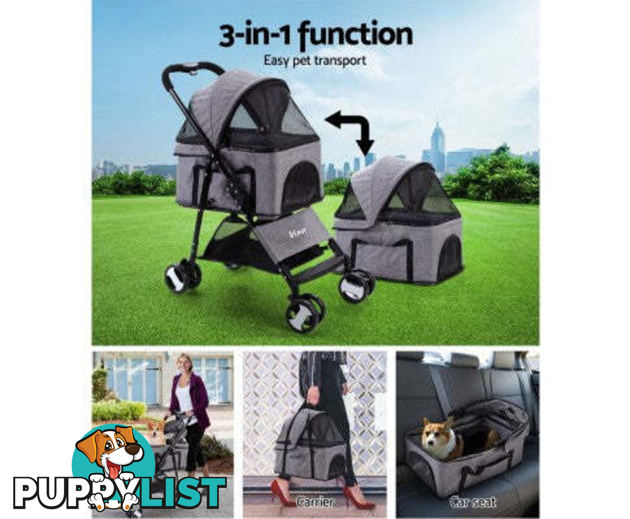 i.Pet Pet Stroller Dog Carrier Foldable Pram 3 IN 1 Middle Size - PET-STROLLER-4WL-M-BK