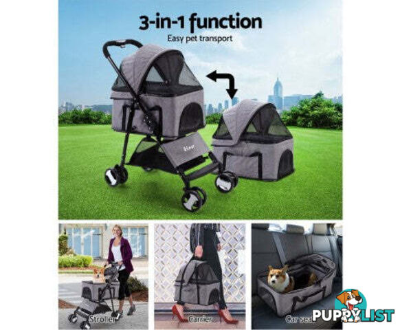 i.Pet Pet Stroller Dog Carrier Foldable Pram 3 IN 1 Middle Size - PET-STROLLER-4WL-M-BK