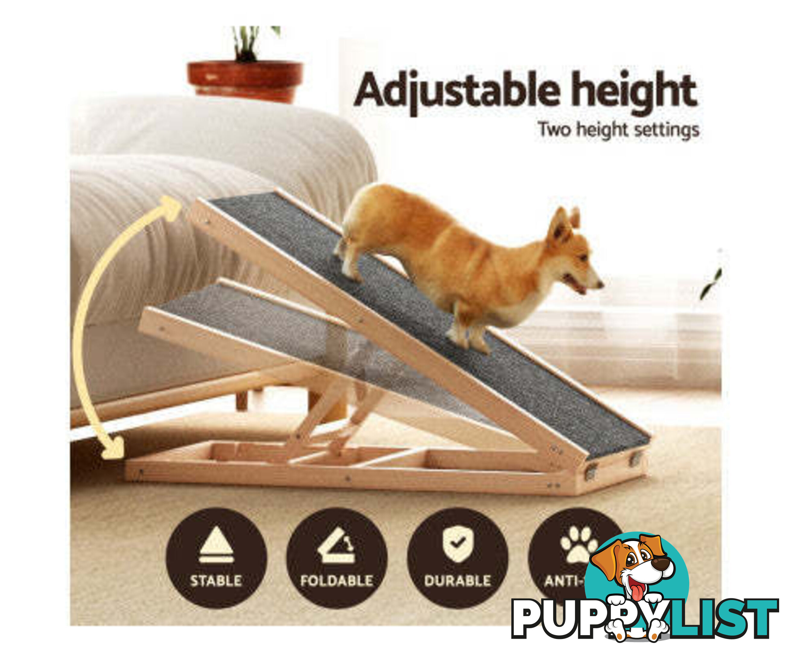 i.Pet Dog Ramp Adjustable Height for Bed, Sofa or Car Foldable - FDR-D-WOOD100-GR