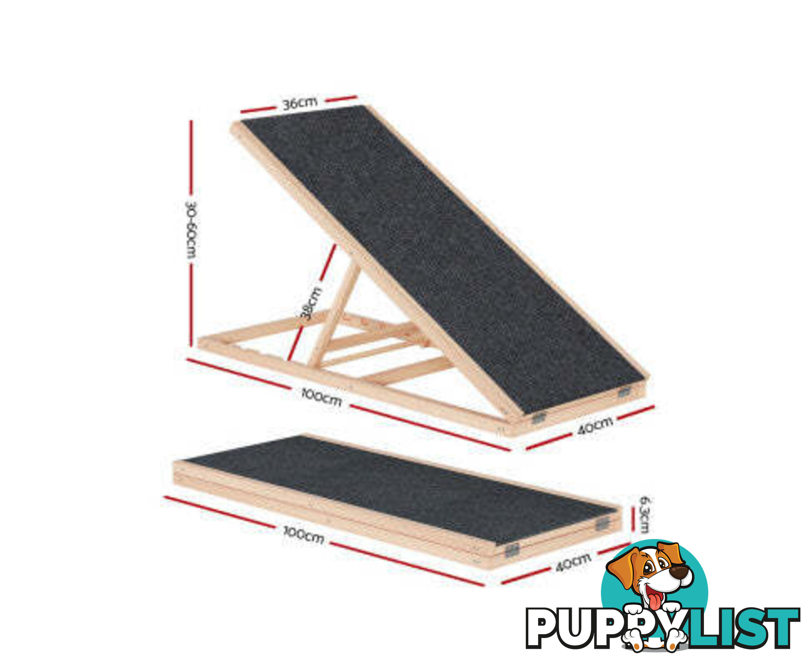 i.Pet Dog Ramp Adjustable Height for Bed, Sofa or Car Foldable - FDR-D-WOOD100-GR