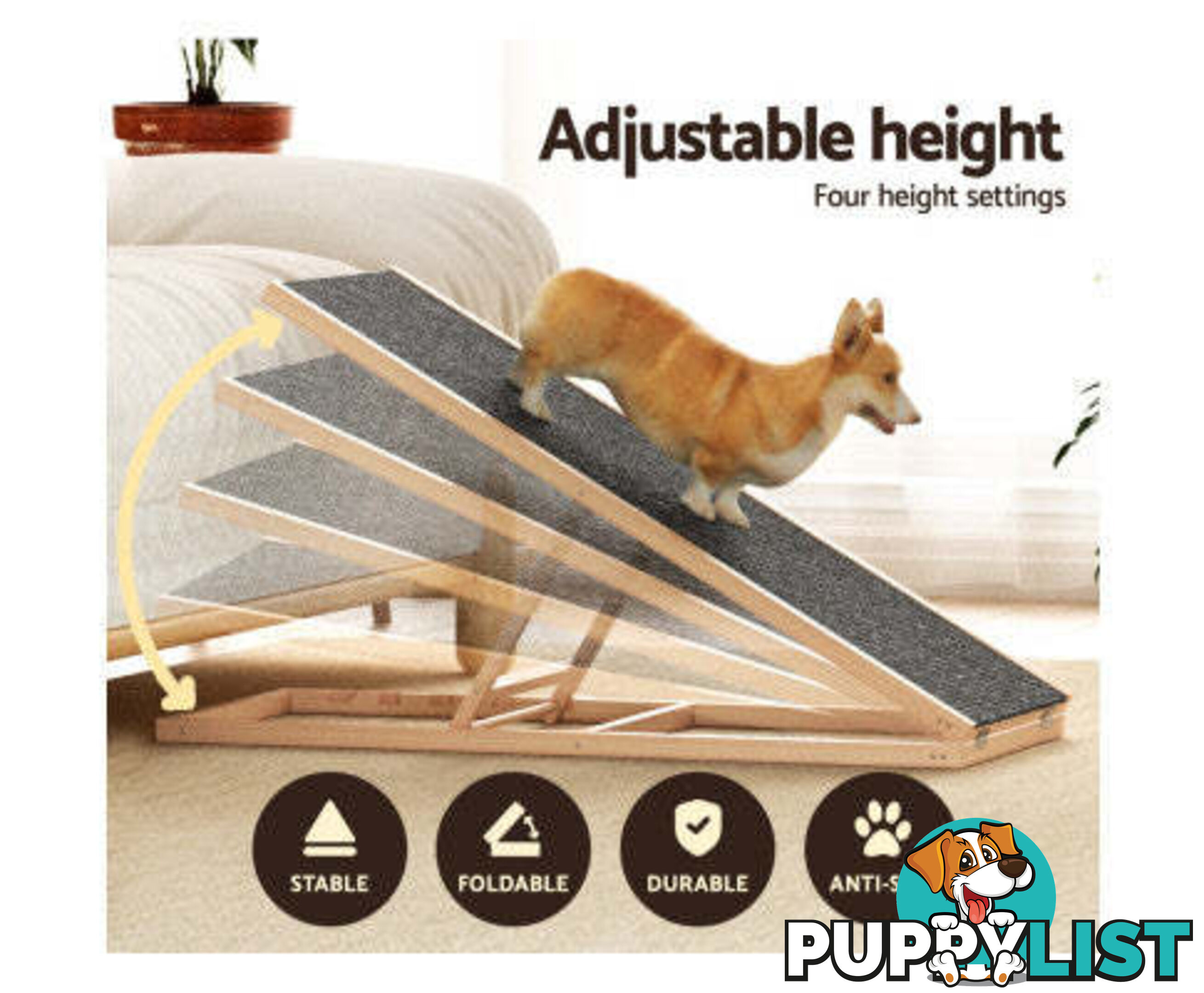 i.Pet Dog Ramp Adjustable Height for Bed, Sofa or Car Foldable - FDR-D-WOOD100-GR