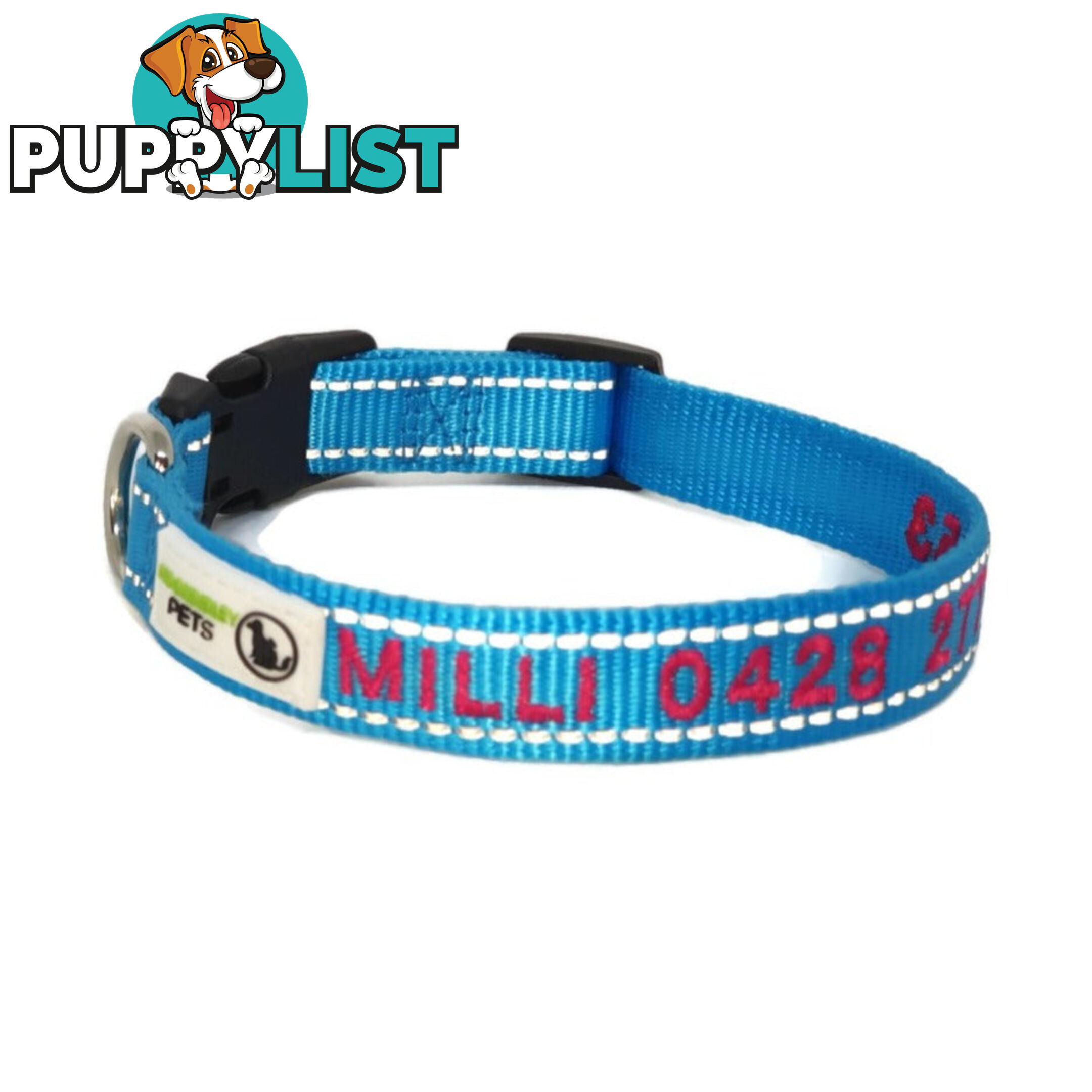Doggie ID Collar Nylon w/Reflective Stitching Embroidered Personalised Custom. - GC-DIC-031-M-TUR