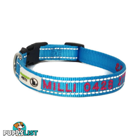 Doggie ID Collar Nylon w/Reflective Stitching Embroidered Personalised Custom. - GC-DIC-031-M-TUR