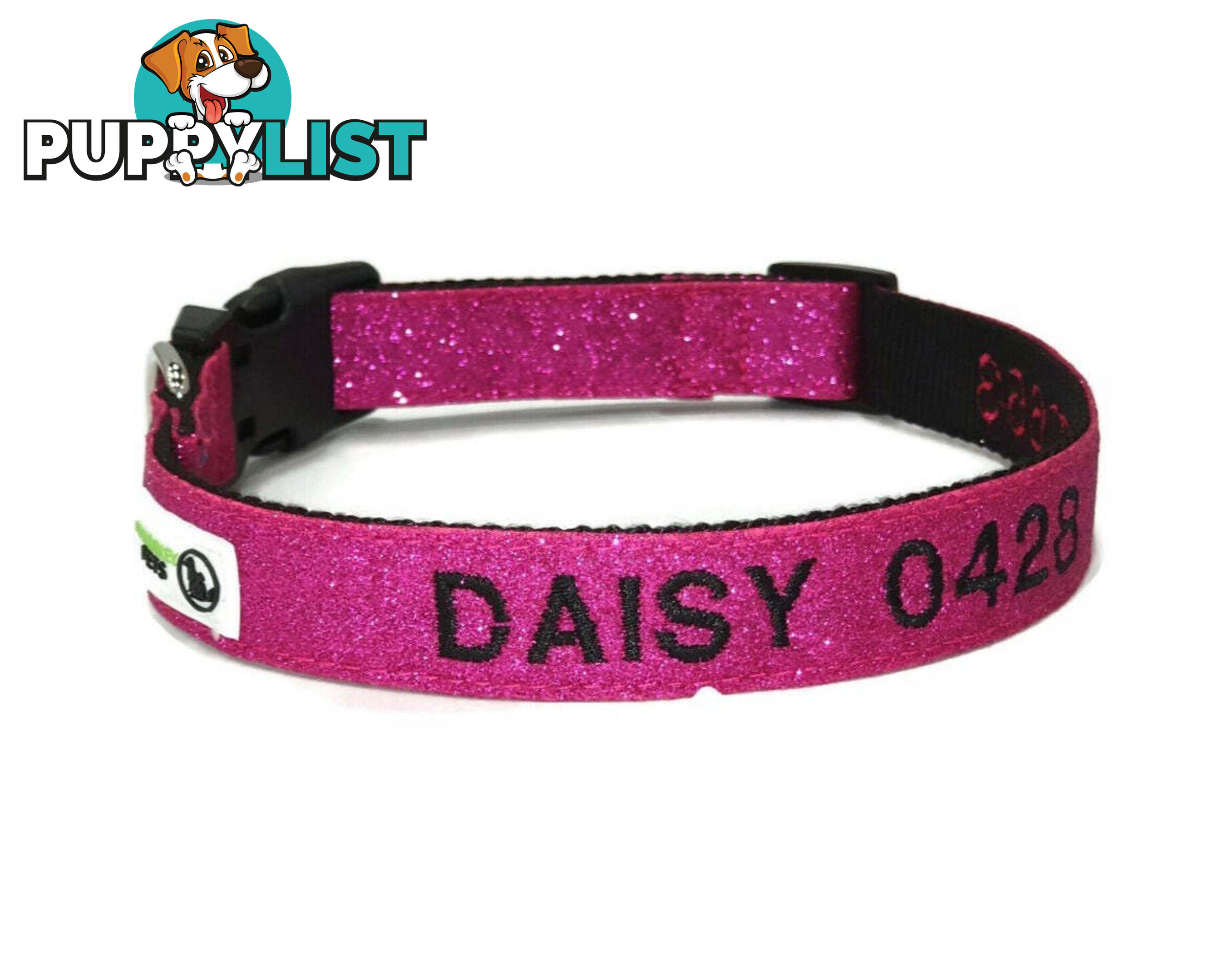Doggie ID Collar - Bling Glitter Overlay Nylon Collar, Embroidered Personised Custom. - GC-DIC-BLING-XS-BLK