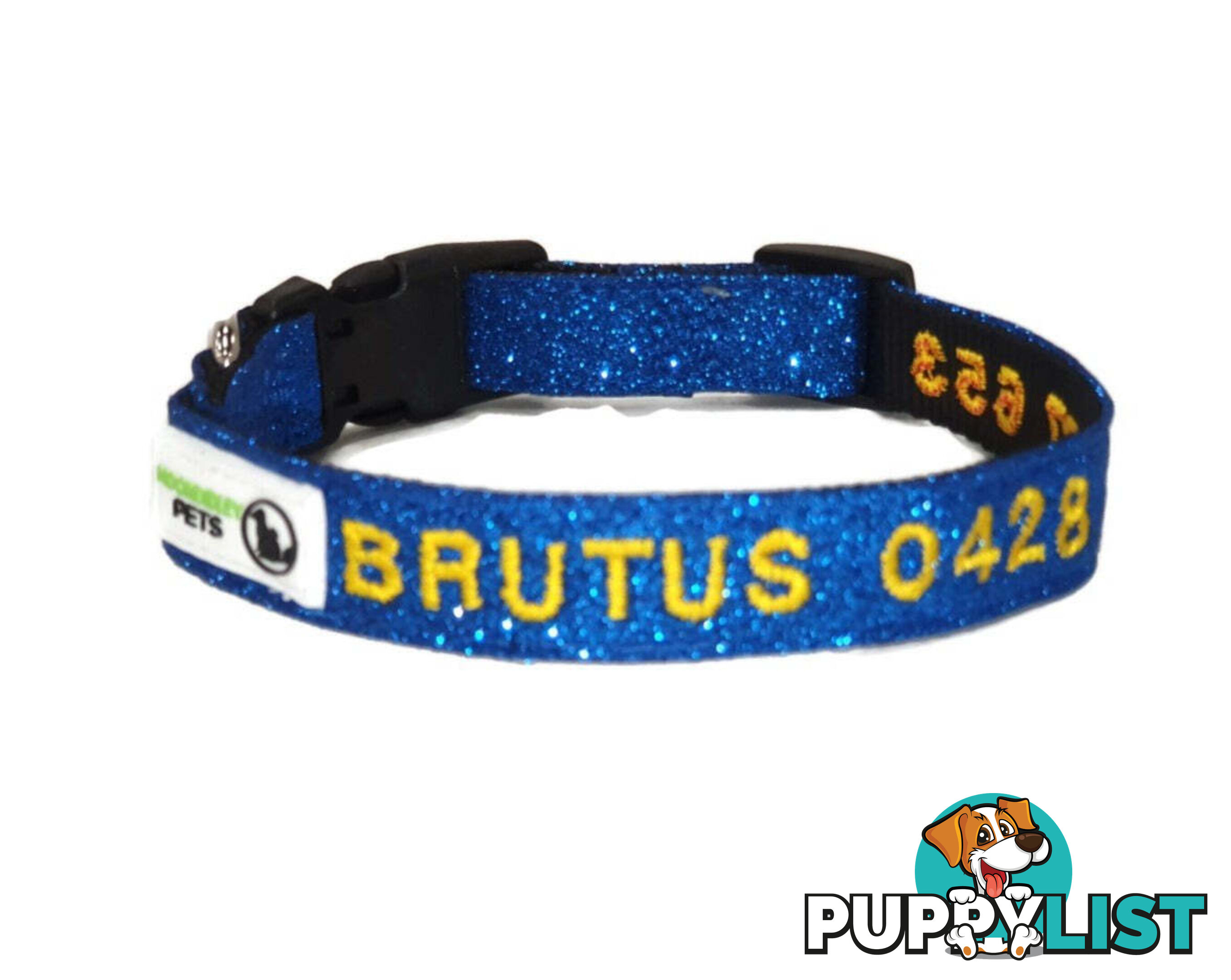 Doggie ID Collar - Bling Glitter Overlay Nylon Collar, Embroidered Personised Custom. - GC-DIC-BLING-XS-BLK