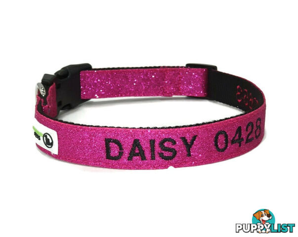 Doggie ID Collar - Bling Glitter Overlay Nylon Collar, Embroidered Personised Custom. - GC-DIC-BLING-XS-BLK