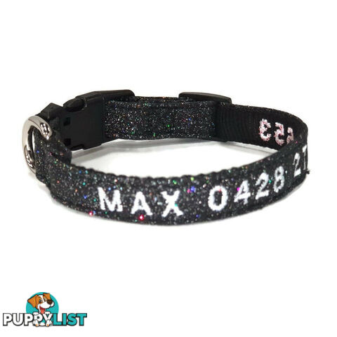 Doggie ID Collar - Bling Glitter Overlay Nylon Collar, Embroidered Personised Custom. - GC-DIC-BLING-XS-BLK