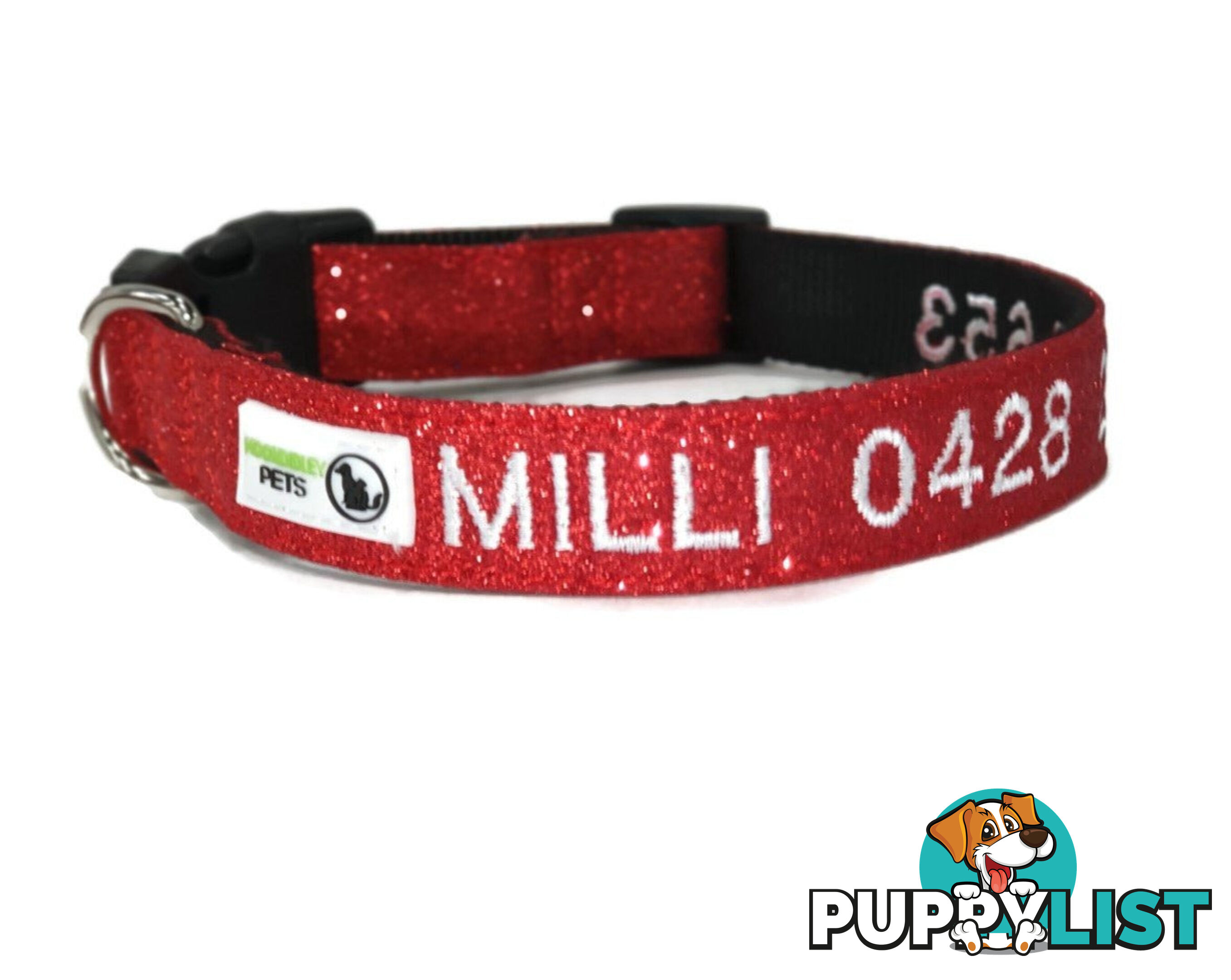 Doggie ID Collar - Bling Glitter Overlay Nylon Collar, Embroidered Personised Custom. - GC-DIC-BLING-XS-BLK