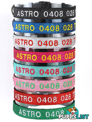 Doggie ID Collar - Bling Glitter Overlay Nylon Collar, Embroidered Personised Custom. - GC-DIC-BLING-XS-BLK