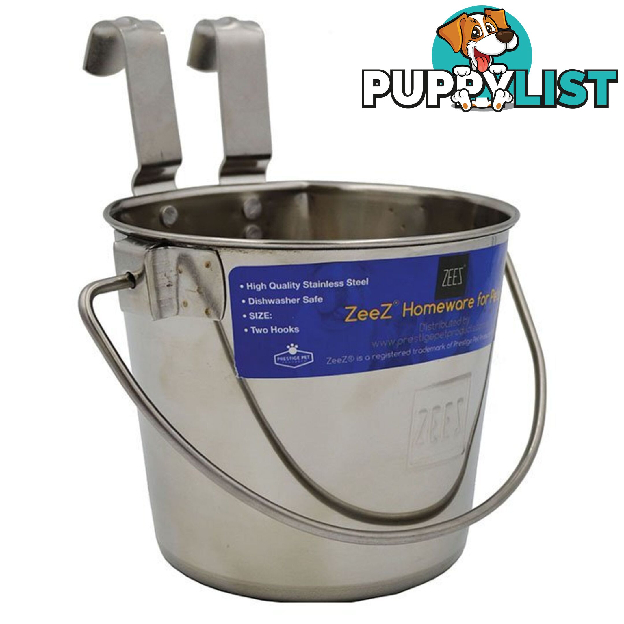 Zeez Stainless Steel Flat Sided Pet Water Bucket Pail Two Hooks - PPP-49-7710