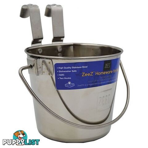 Zeez Stainless Steel Flat Sided Pet Water Bucket Pail Two Hooks - PPP-49-7710