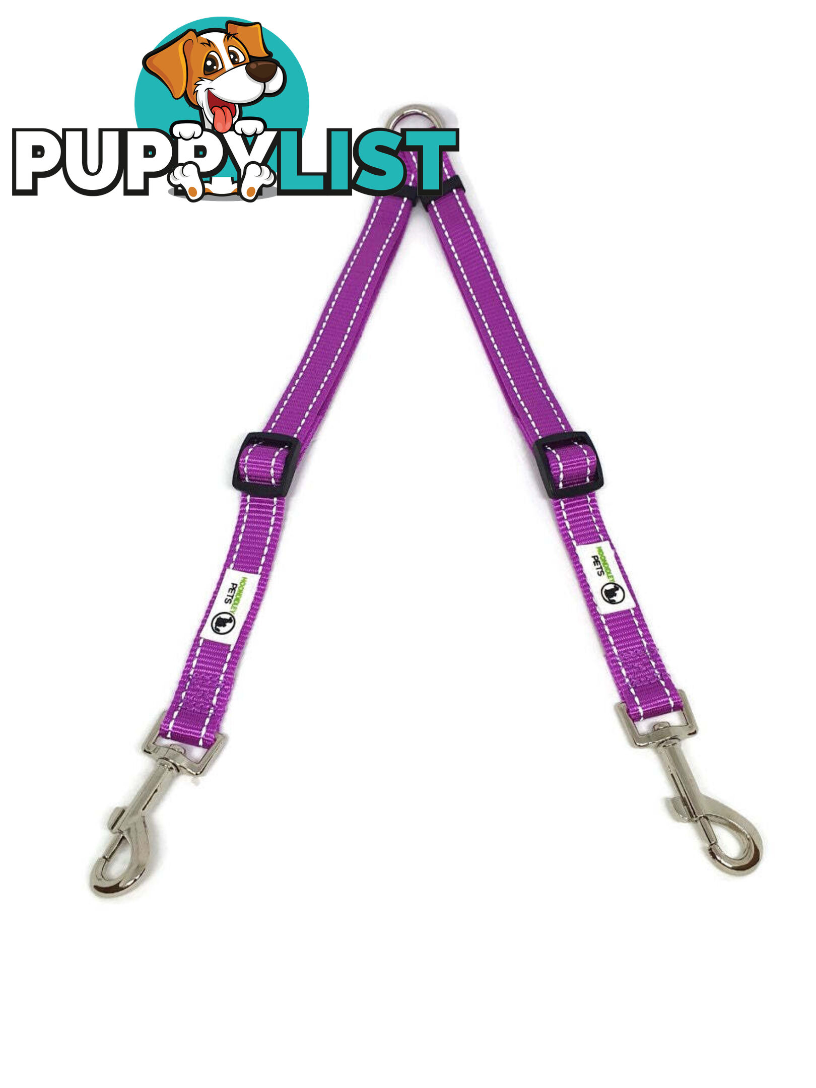 2 Dog Double Lead Coupler, Nylon w/Reflective Stitching - Moondidley Pets - MDPLDCOULGRN