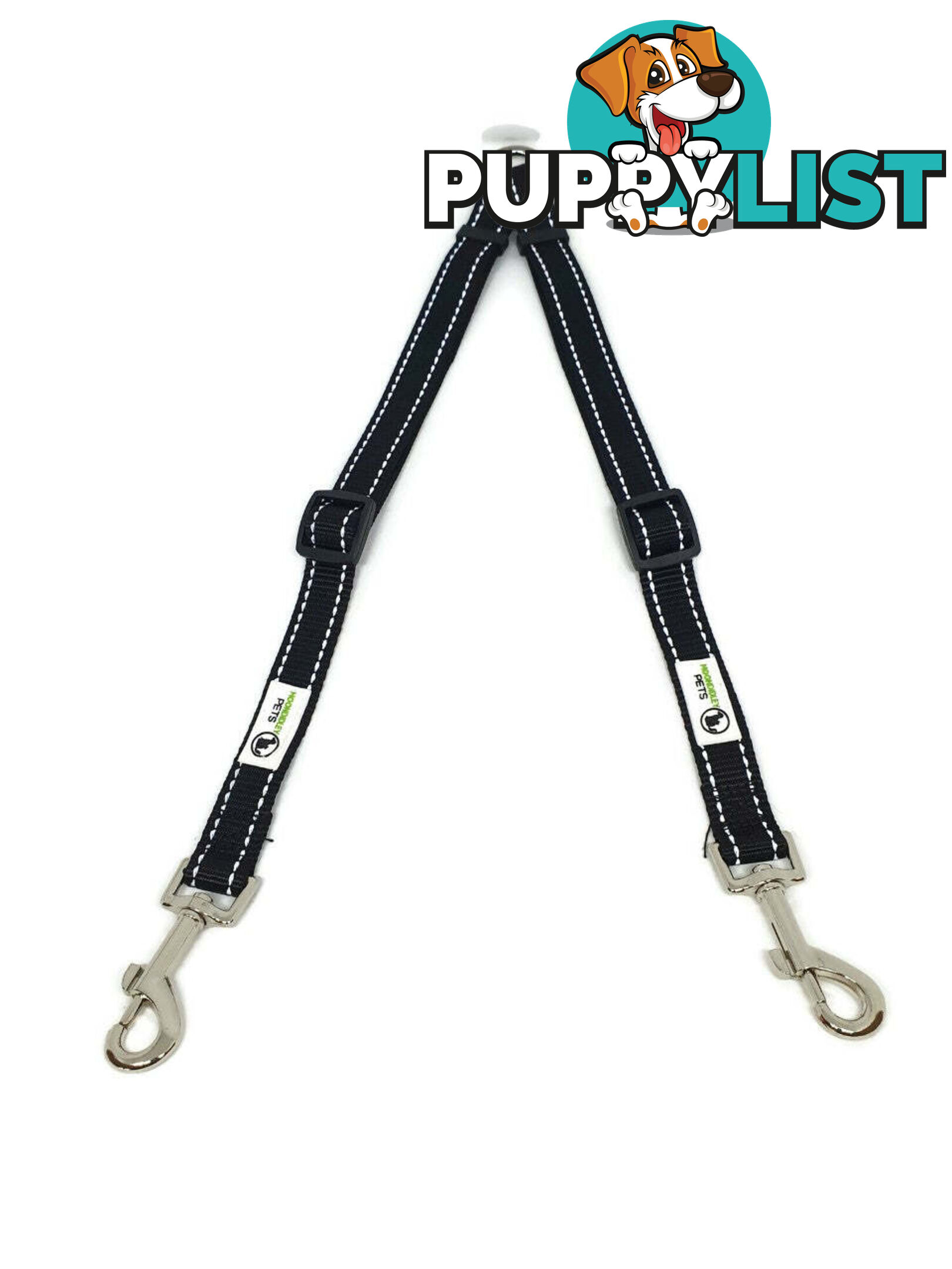 2 Dog Double Lead Coupler, Nylon w/Reflective Stitching - Moondidley Pets - MDPLDCOULGRN