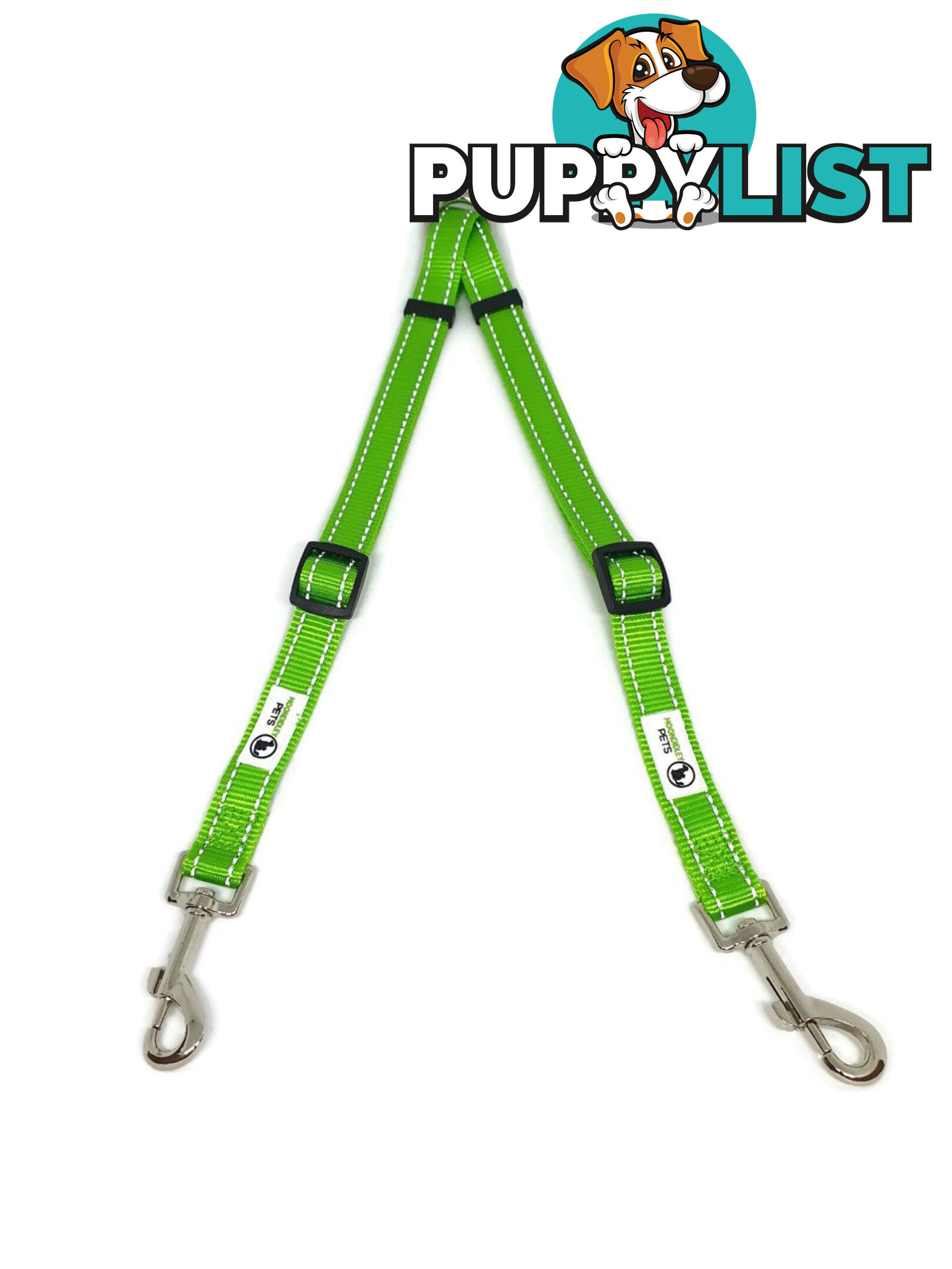 2 Dog Double Lead Coupler, Nylon w/Reflective Stitching - Moondidley Pets - MDPLDCOULGRN