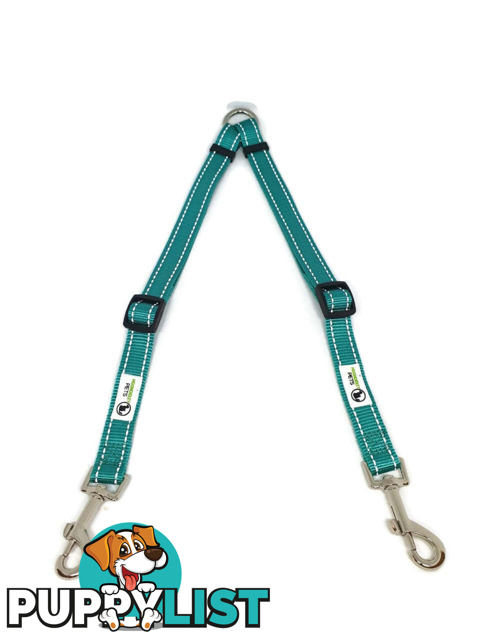 2 Dog Double Lead Coupler, Nylon w/Reflective Stitching - Moondidley Pets - MDPLDCOULGRN
