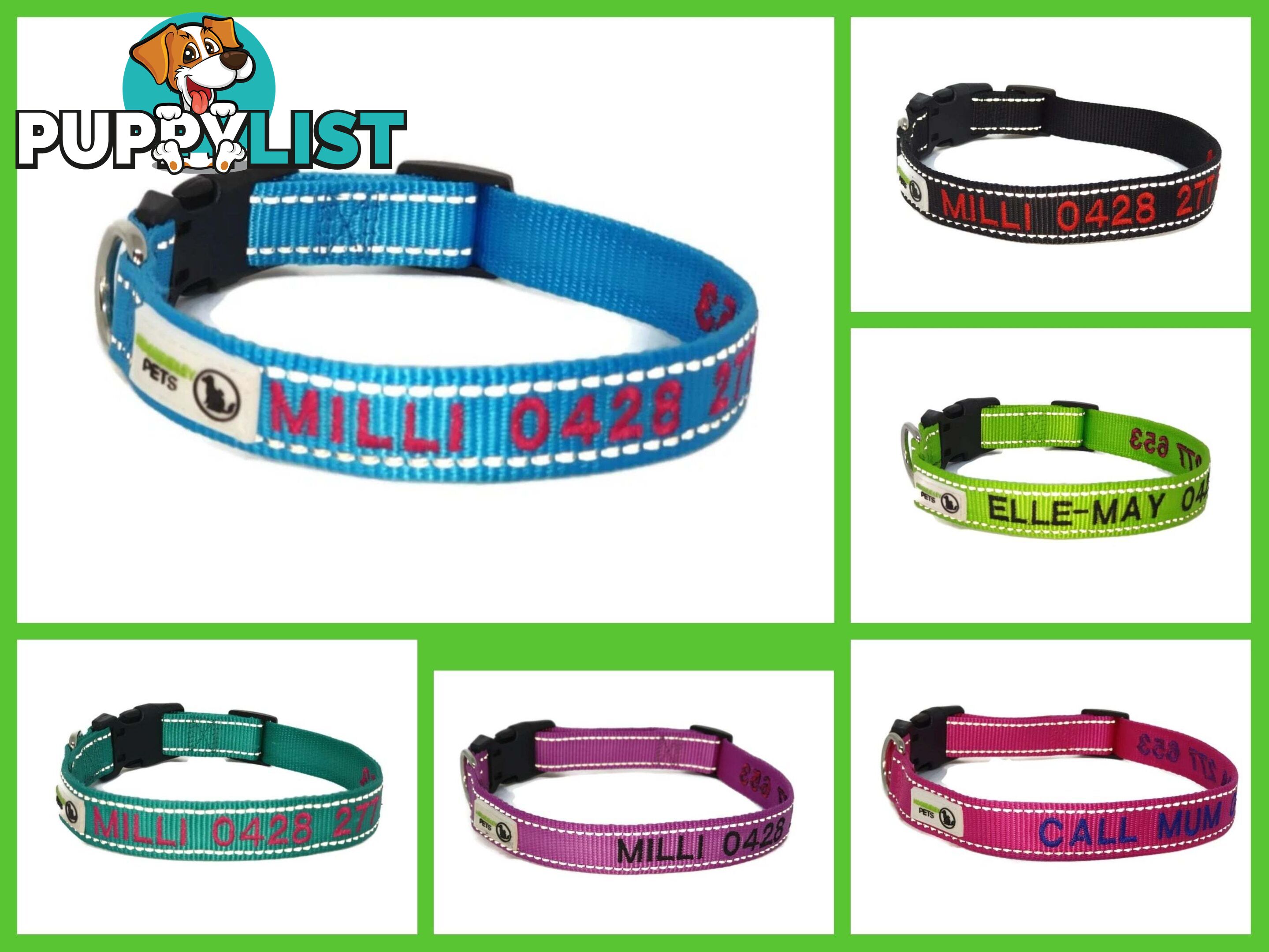 Doggie ID Collar Nylon w/Reflective Stitching Embroidered Personalised Custom. - GC-DIC-031-XS-GRN